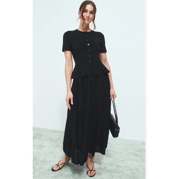 Sandro Dresses & Skirts - Sandro Judith Black Peplum Maxi Dress Ribbed Knit Button Front Noir Size 40 NEW